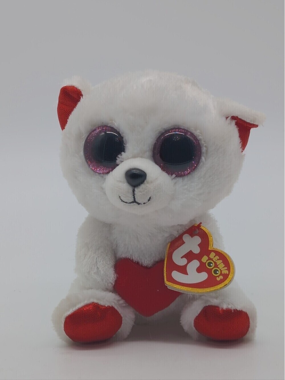Ty Beanie Boos Cuddly Bear Valentine's Day Plush - White Teddy Bear Red Heart